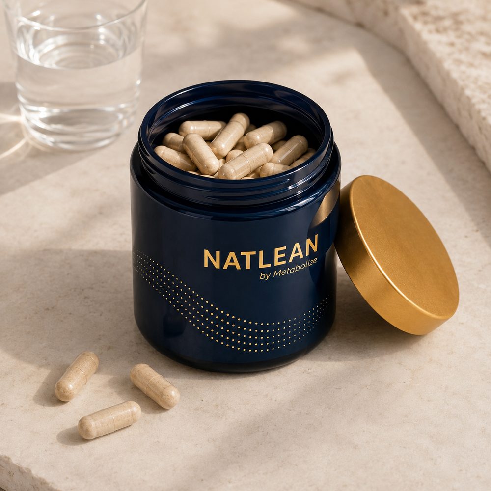Open NATLEAN jar with capsules and a glass of water